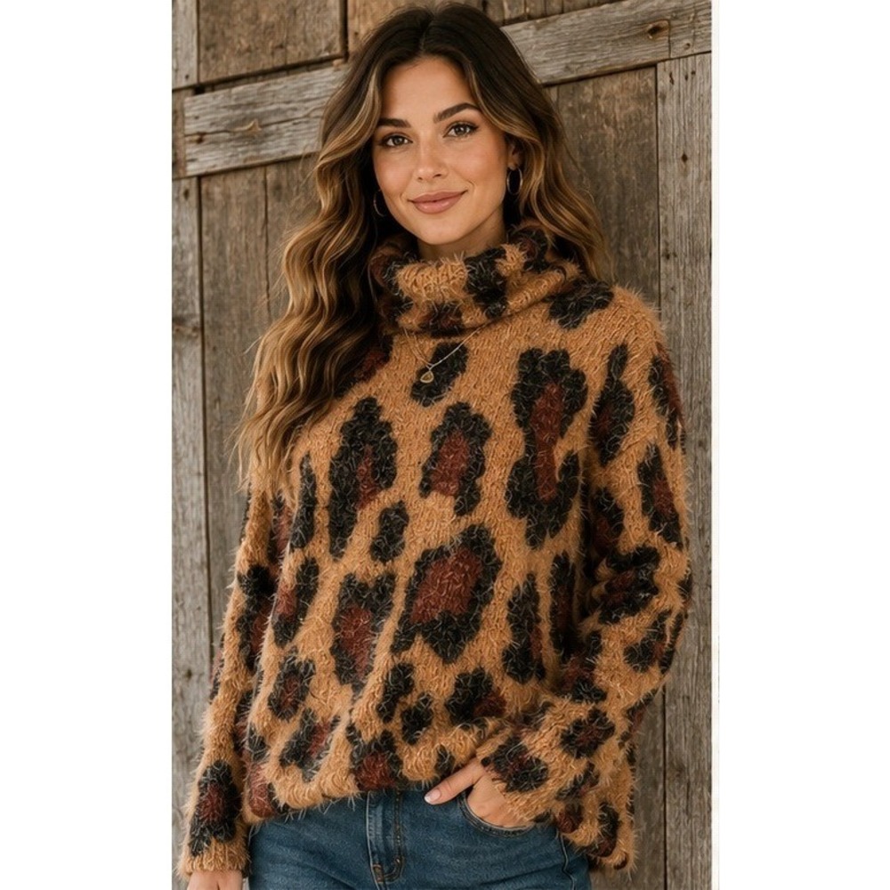 Show Me Your Mumu Fatima Turtleneck Women M Mob Wife Cheetah Eyelash Fuzzy Knit